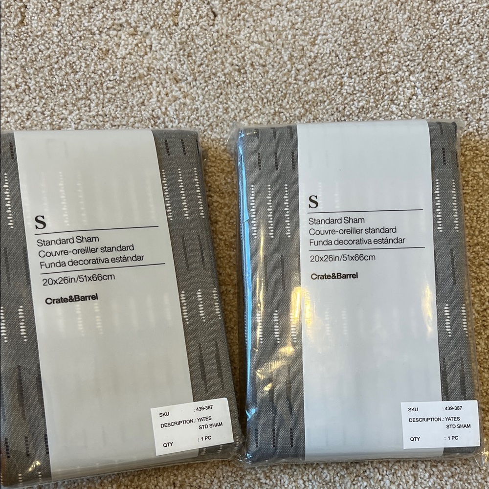 NWT 2 Crate&Barrel Yates Gray, Silver, White Standard Shams